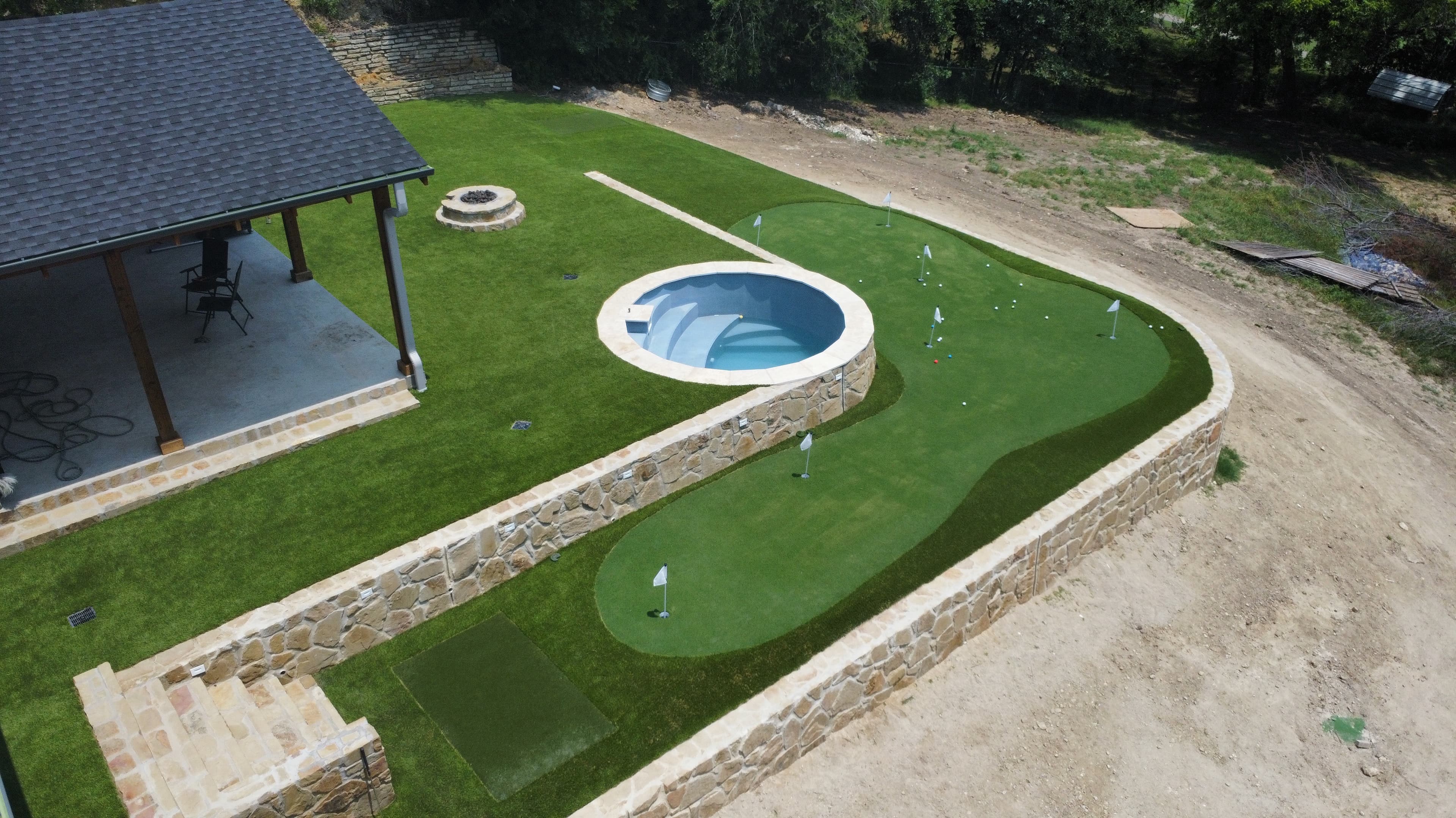 Aerial progress photo of completed backyard construction project