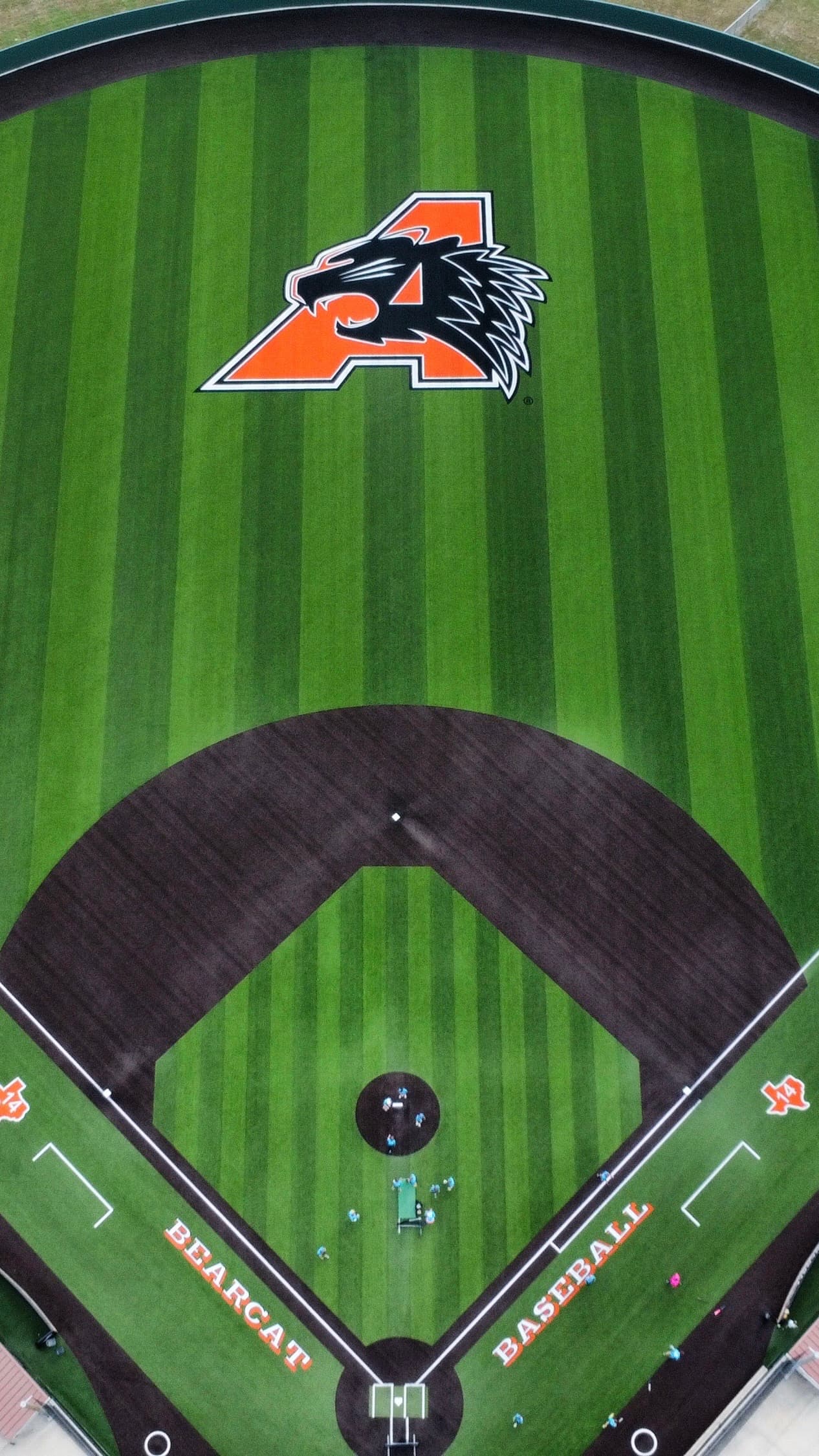 Overhead aerial of Aledo Bearcat Baseball field showing Bearcat logo on green outfield grass and diamond from directly above