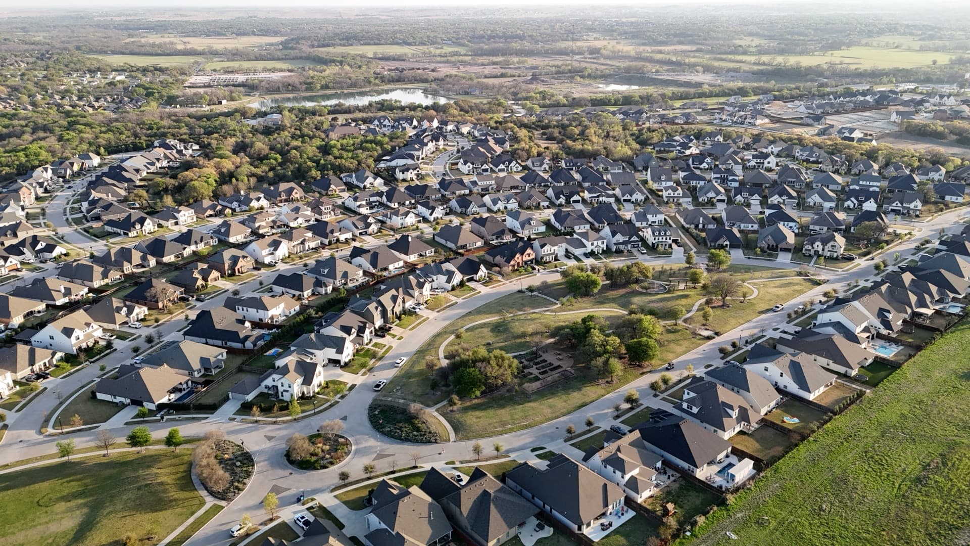 Aerial drone photo of growing suburban development in North Texas